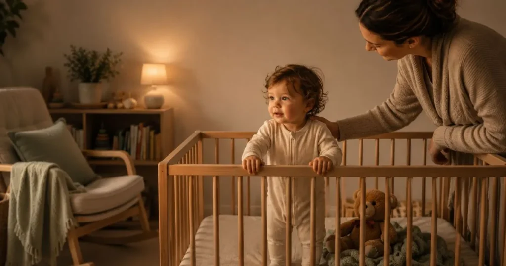 Parent comforting a 12-month-old toddler standing in a crib during the 12-month sleep regression.