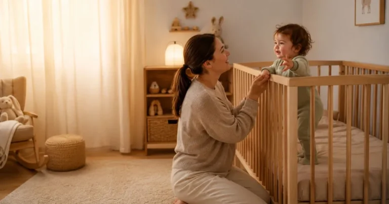 Parent comforting an 18-month-old toddler during the 18-month sleep regression at bedtime.