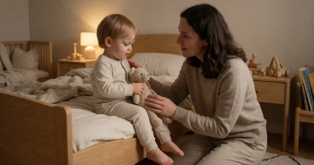 Parent comforting a 2-year-old toddler during sleep regression bedtime struggles