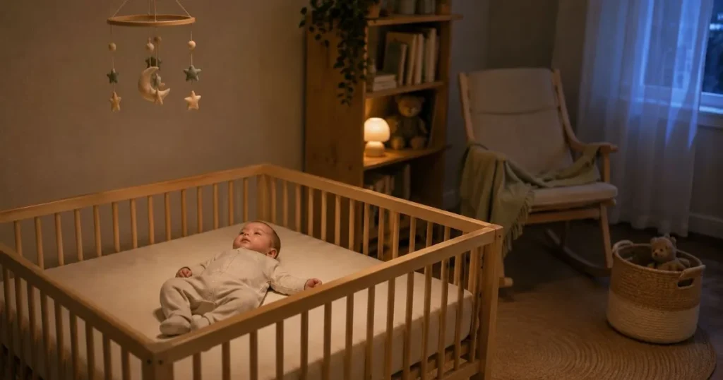Four-month-old baby lying awake in a crib at night.
