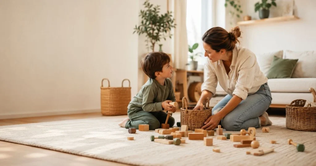 Positive Discipline : How to Teach Without Punishment (12 Proven Strategies) 3 Parent calmly using positive discipline by speaking at eye level with a young child and helping them clean up toys without punishment in a warm family living room.
