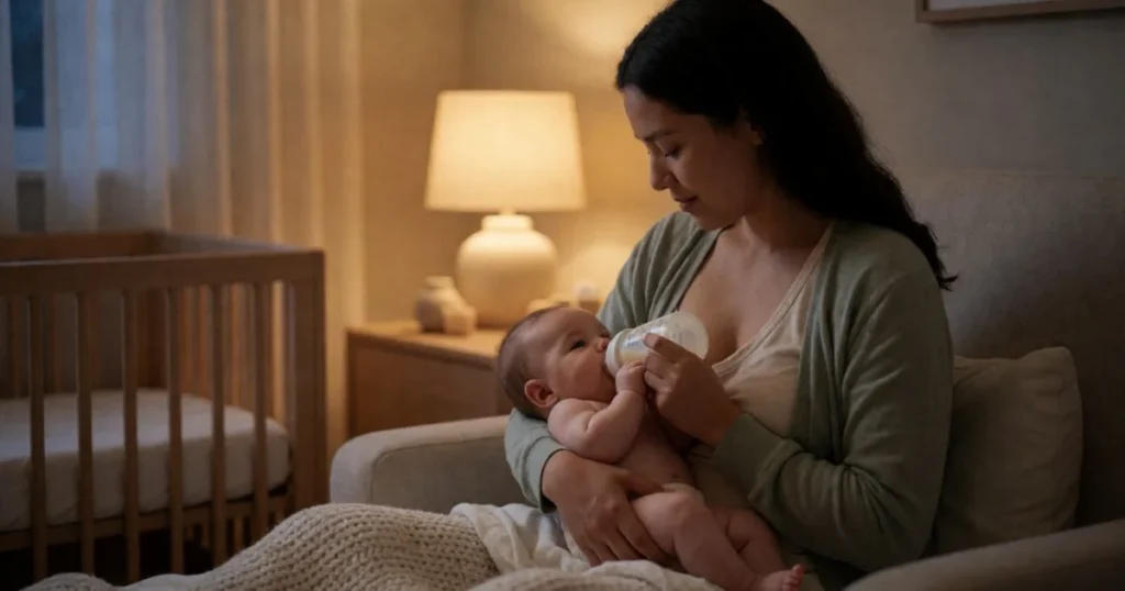 Parent feeding a hungry 6-month-old baby during a nighttime growth spurt