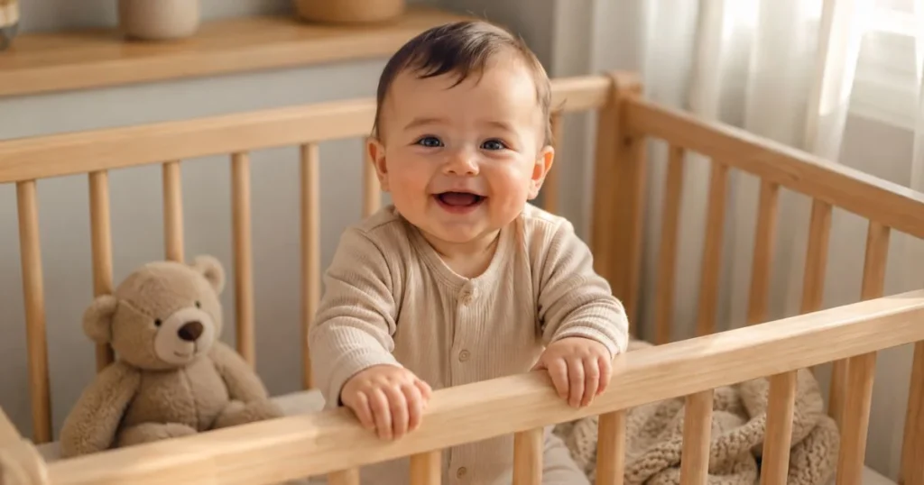 Happy 9-month-old baby sitting in a crib after waking