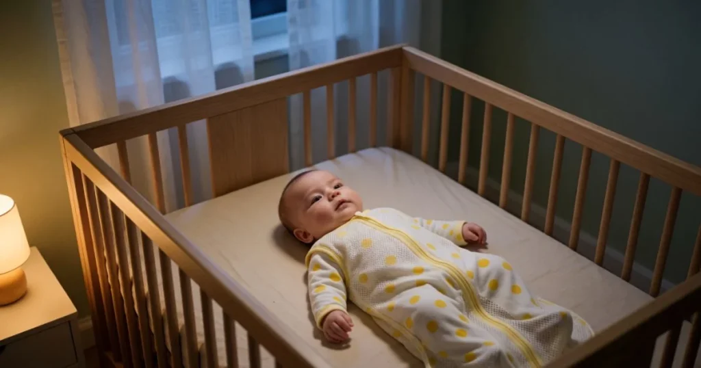 Six-month-old baby awake in a crib during the 6 month sleep regression