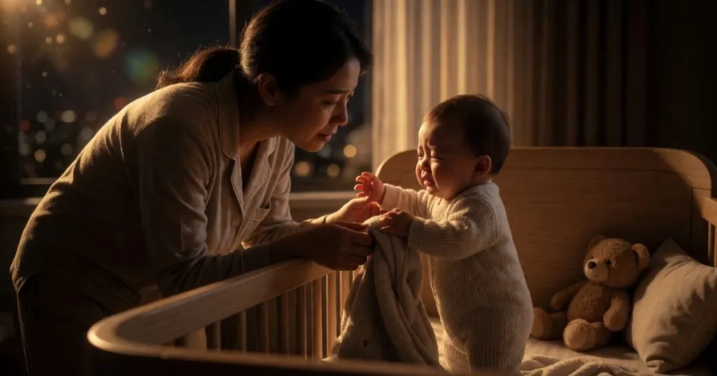 Baby standing and holding the crib rails at bedtime