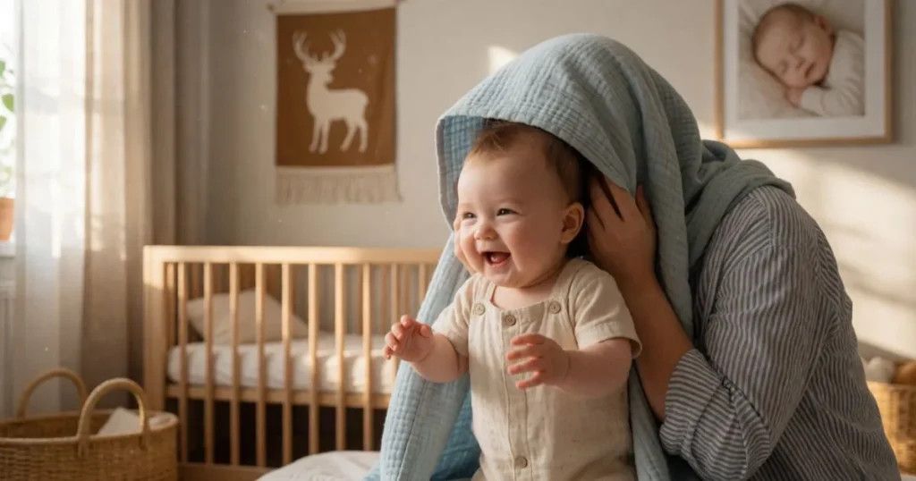 Parent playing peekaboo with a smiling baby