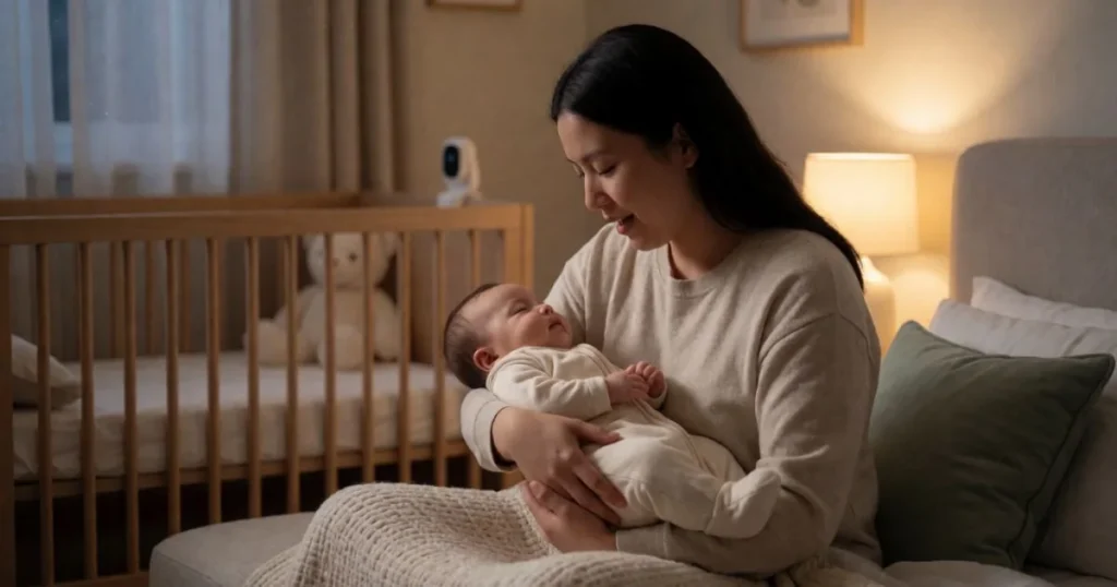 mom comforting a 6-month-old baby during the 6 month sleep regression at night