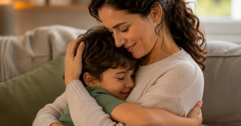 mom hugging child after calm conversation