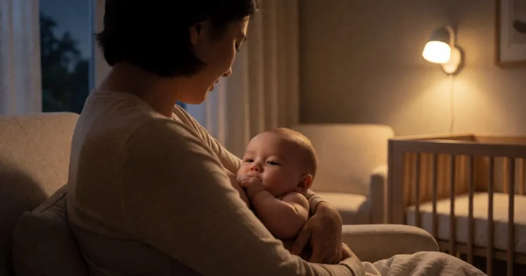 Six-month-old baby awake in a crib during the 6 month sleep regression