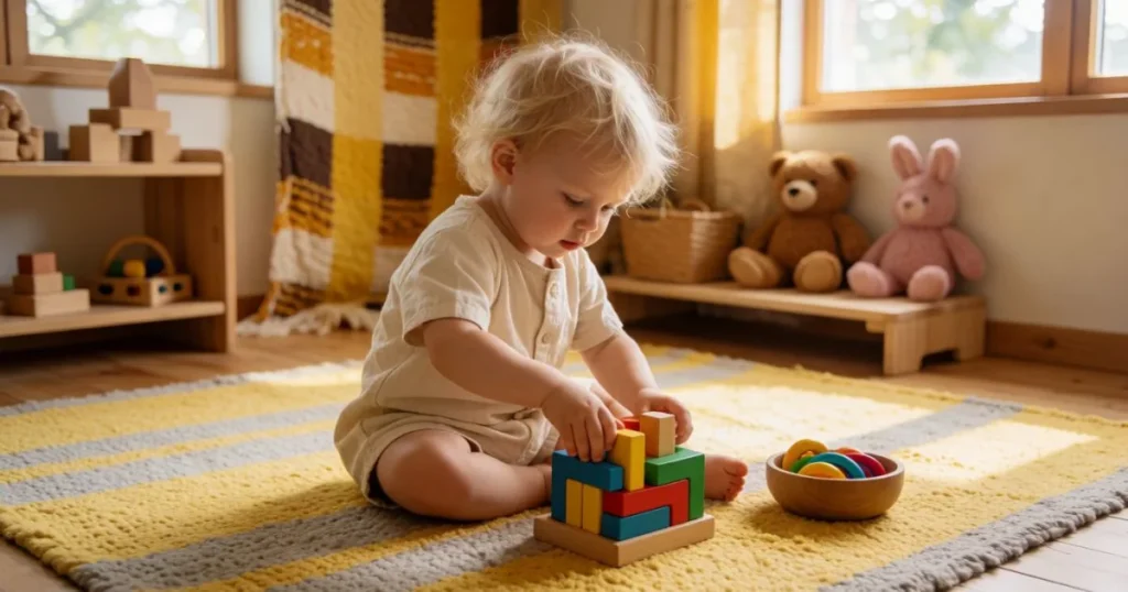 Curious baby playing with stacking blocks or sensory toys