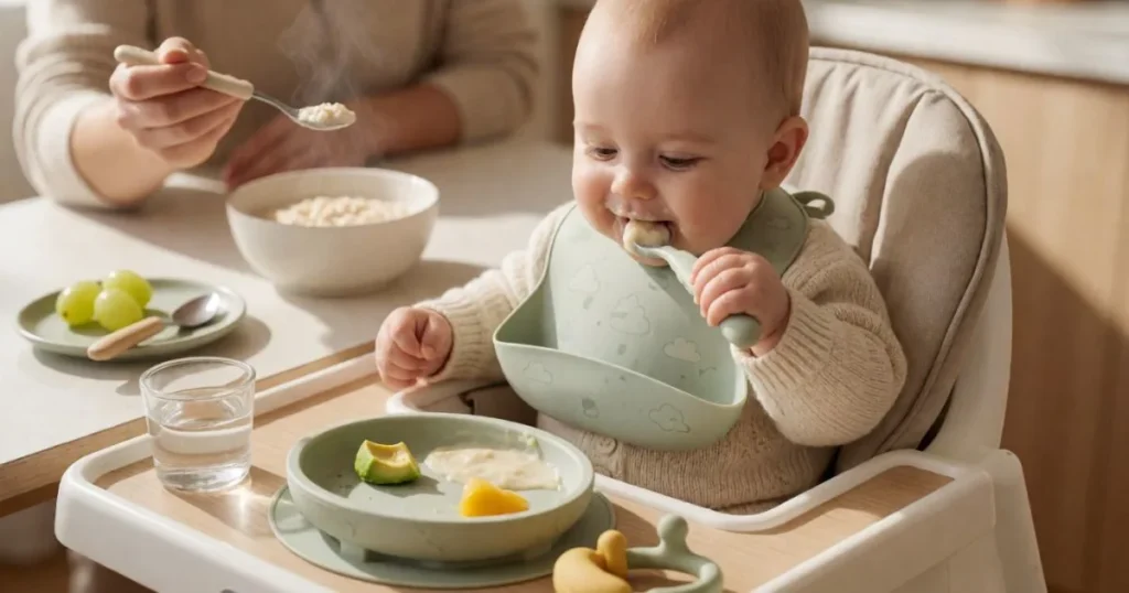 Six-month-old baby eating first solid foods in a high chair