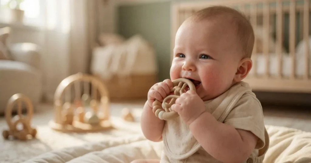 Six-month-old baby chewing a teething toy with sore gums
