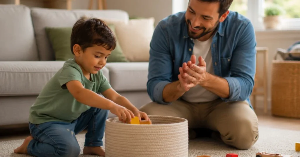 Young child cleaning up toys with supportive parent nearby, positive reinforcement, realistic lifestyle