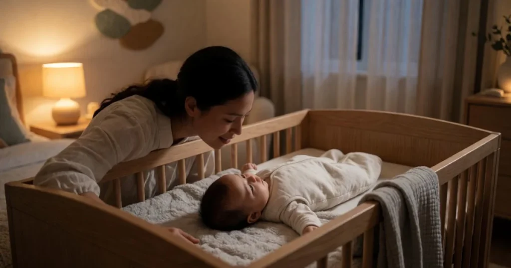 A parent gently comforts a 6-month-old baby during a temporary period of sleep regression.