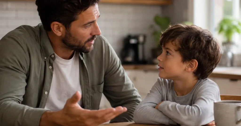 Father talking with child at kitchen table, respectful discussion, warm family atmosphere, realistic photography