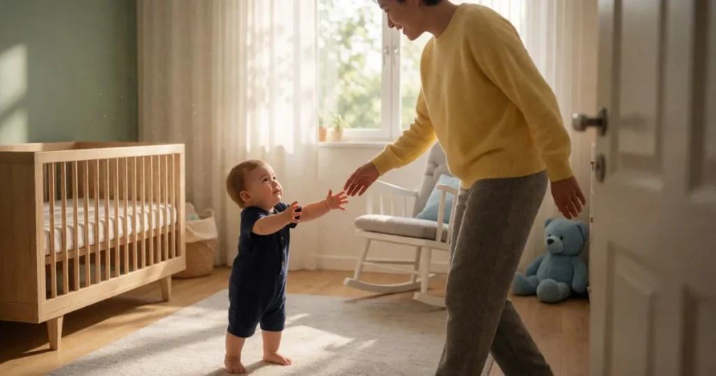 Baby reaching for parent while parent gently steps away