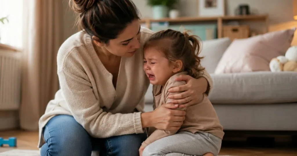 Parent comforting a toddler during a tantrum using gentle parenting techniques.