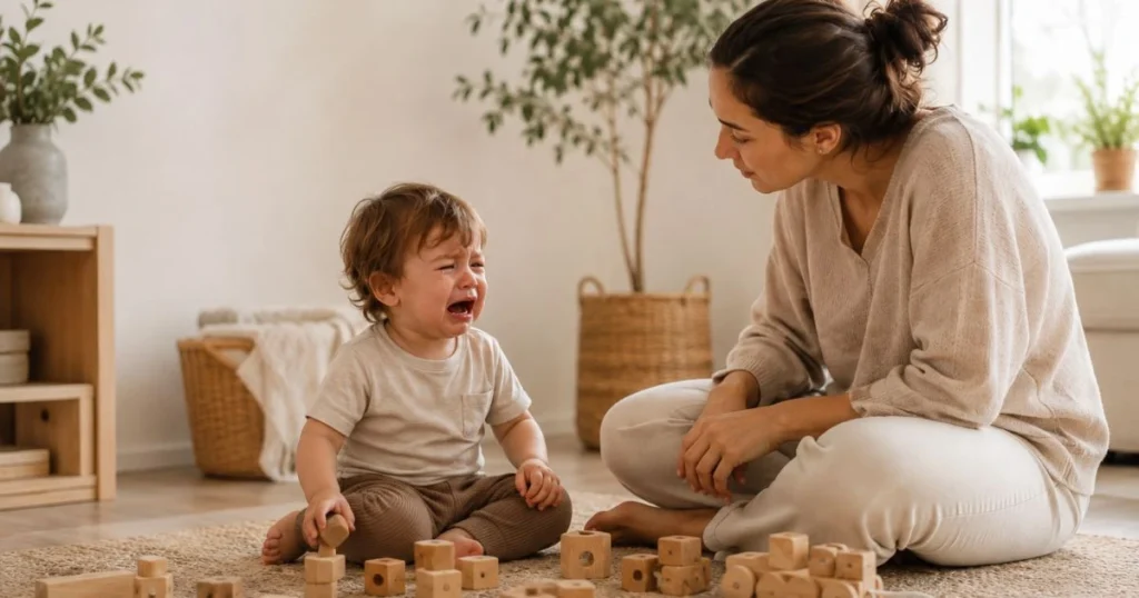 Calm parent comforting a toddler during a tantrum using gentle parenting techniques in a cozy Scandinavian-style living room.