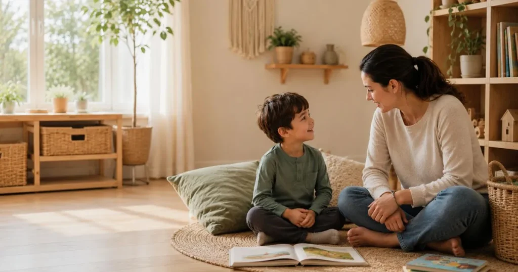 Parent using a time-in by sitting calmly with an upset child and providing emotional support instead of a time-out.