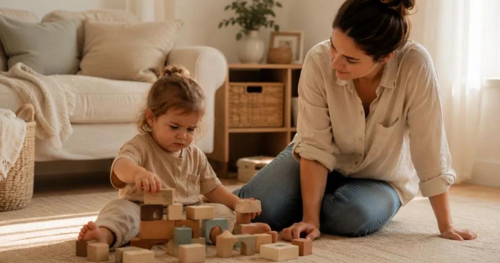 Toddler showing different emotions while playing with a parent