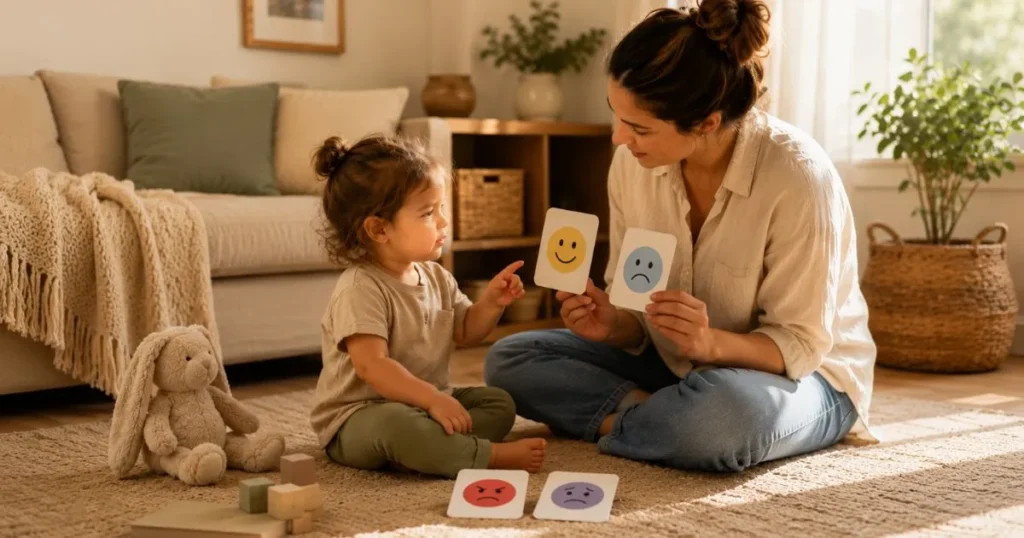 Parent teaching a calm toddler how to recognize and express emotions