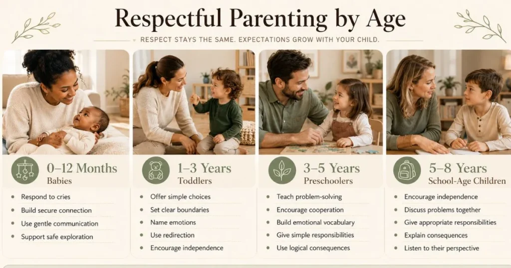 Respectful Parenting: What It Is & How to Practice It 11 Respectful parenting by age guide showing age-appropriate strategies for babies, toddlers, preschoolers, and school-age children.
