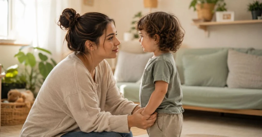 How to Stop Toddler Hitting Without Punishment 3 Mother calmly setting a boundary with toddler after hitting