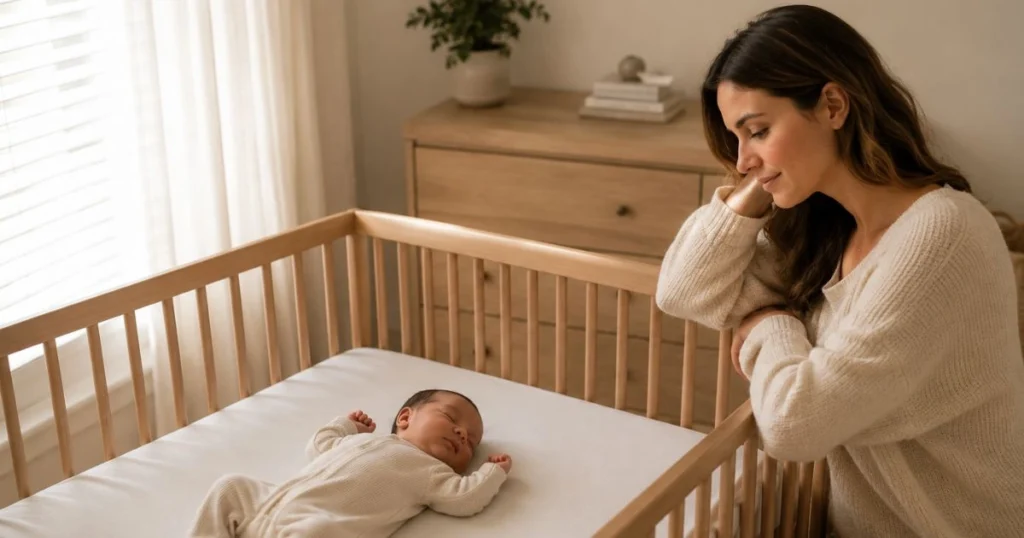 Newborn Sleep Schedule: A Simple 0–3 Month Guide for New Parents 3 Newborn sleeping safely while mother follows a flexible newborn sleep schedule