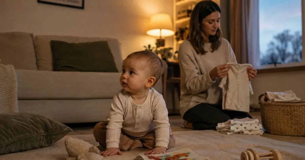 **Alt text:**
6-month-old baby enjoying quiet evening play while mother prepares for bedtime at home.
