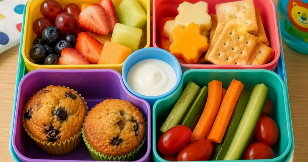 toddler snacks for daycare in a colorful snack box