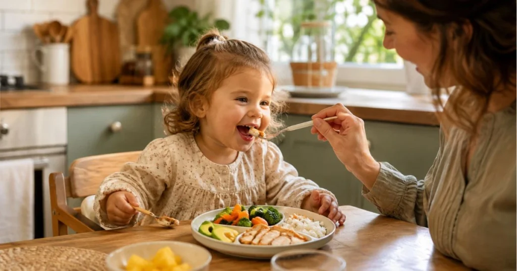 Toddler Dinner Ideas: 35 Easy, Healthy Meals They'll Love 3 Happy toddler enjoying a healthy homemade dinner with chicken, vegetables, rice, and fruit while a parent helps at the table