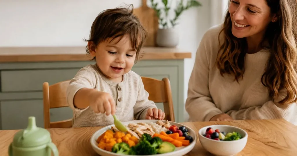 Happy toddler eating a colorful homemade meal at a natural wooden table, parent nearby