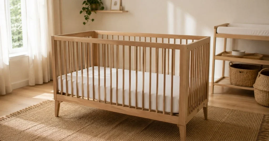 Safe uncluttered crib prepared for a 6-month-old baby