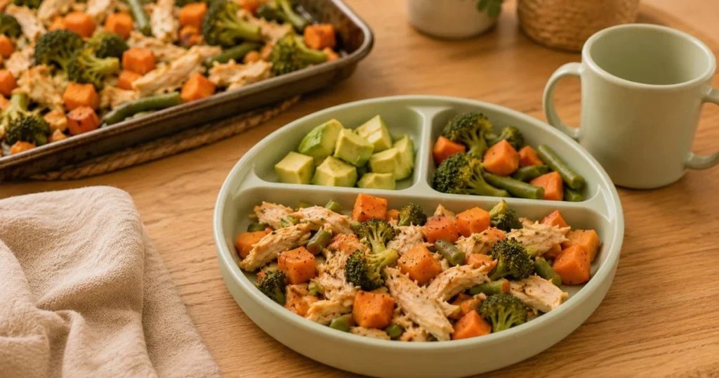 Healthy chicken rice and broccoli dinner for toddlers