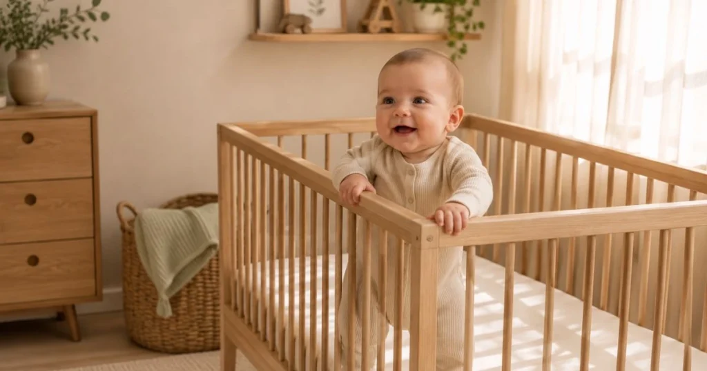 8 month old baby standing in crib