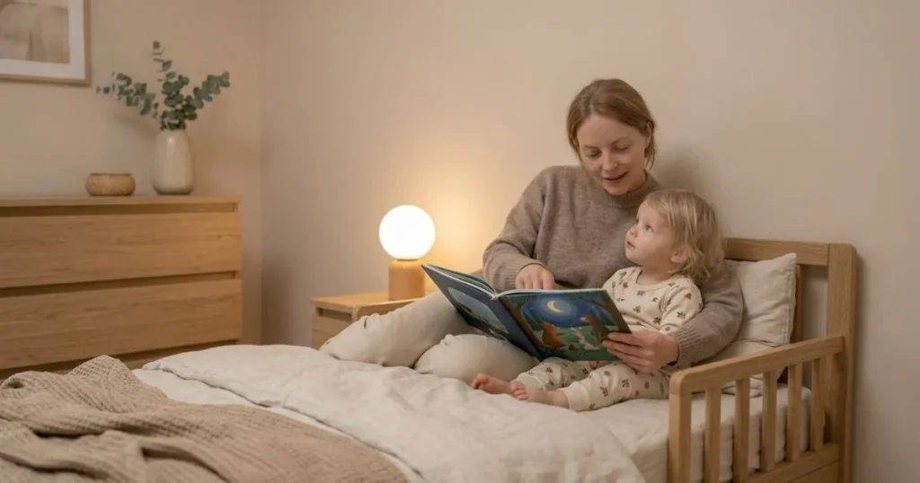 parent reading bedtime story to toddler