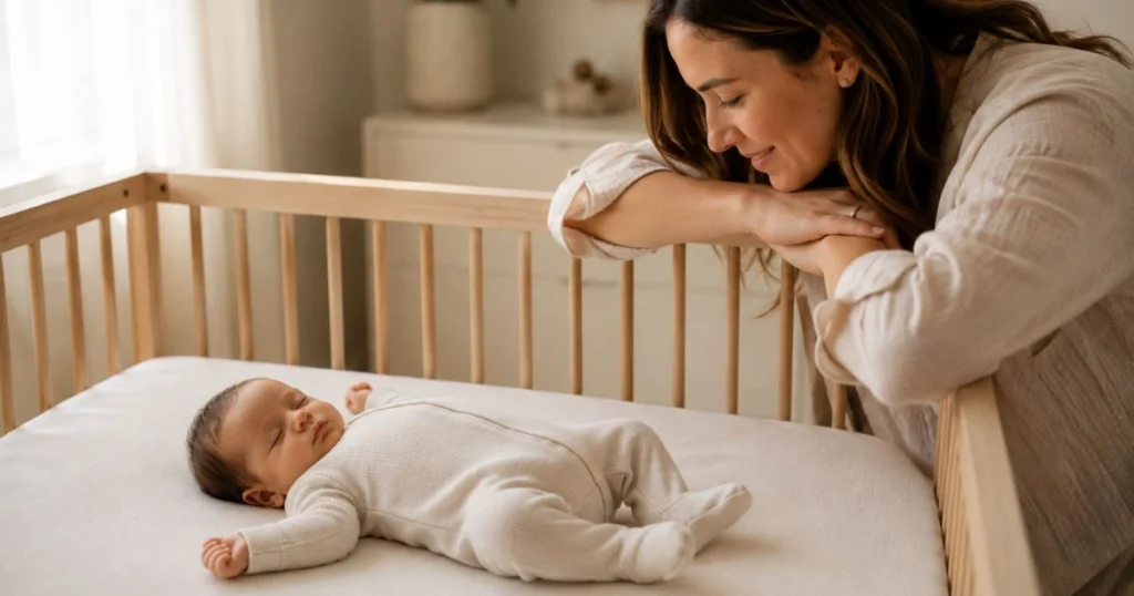 Newborn Sleep Schedule: A Simple 0–3 Month Guide for New Parents 13 Parent gently checking sleeping newborn