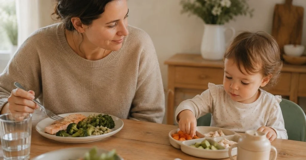 parent helping a picky toddler at mealtime