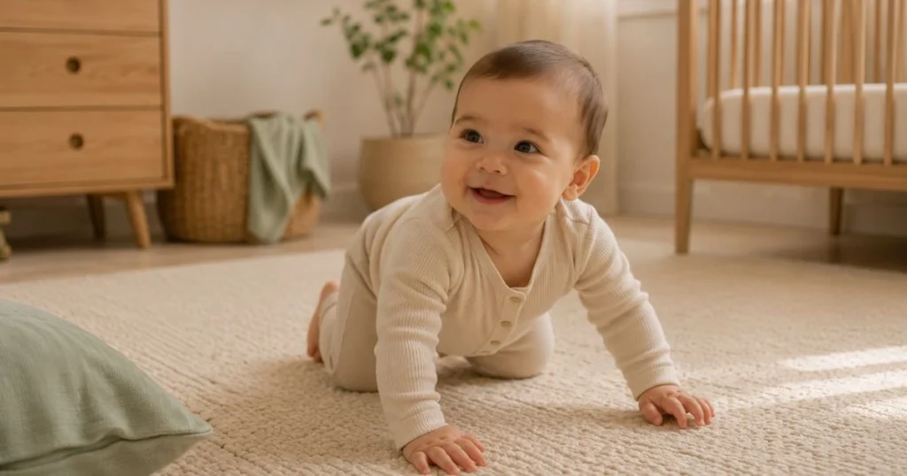 9 month old baby crawling in nursery