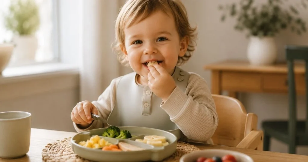 happy toddler enjoying a healthy meal
