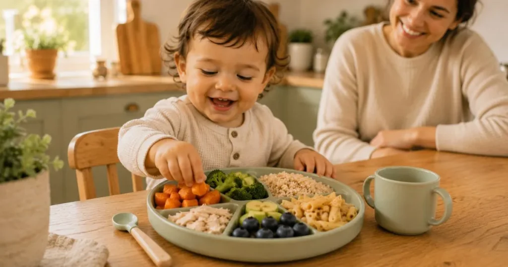 Toddler exploring different foods during mealtime