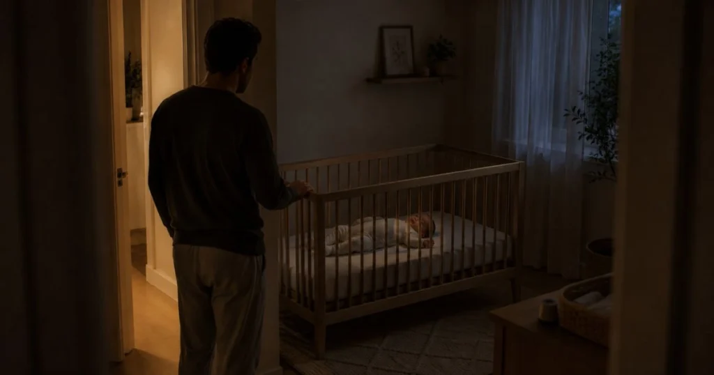 Parent comforting a 6-month-old baby during nighttime waking