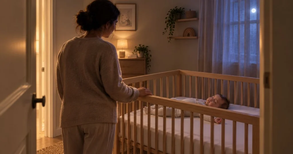 Parent checking on baby during nighttime sleep