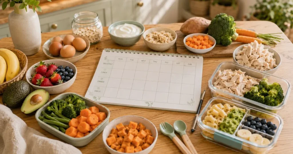 Weekly toddler meal plan with healthy food ingredients