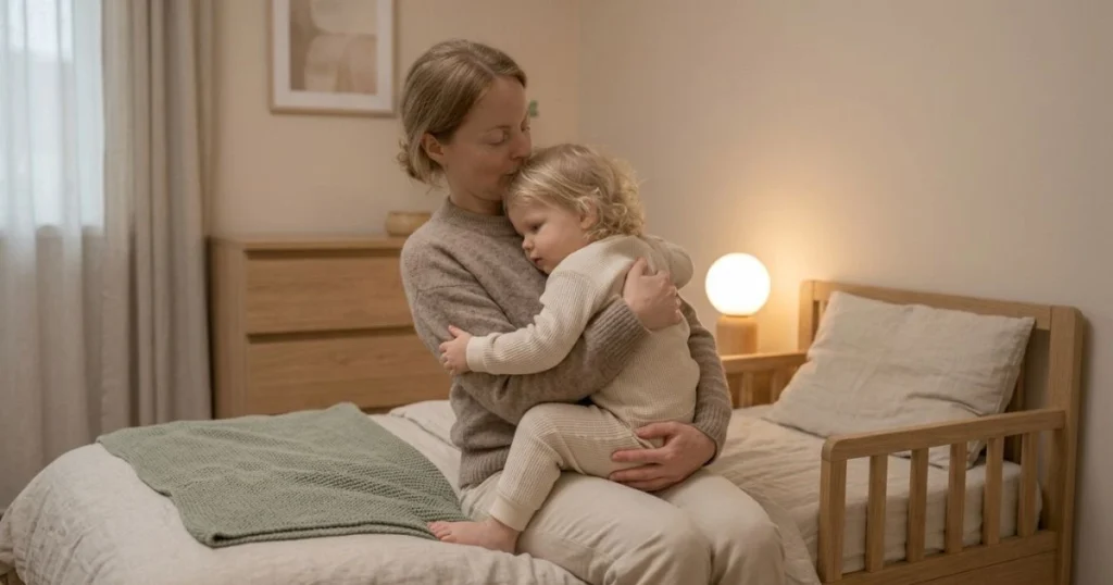 parent cuddling toddler before bedtime