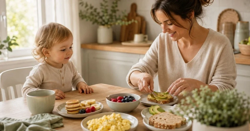 Toddler helping prepare breakfast with a parent