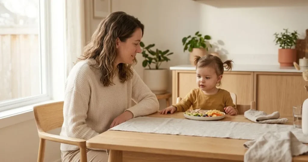 Parent helping picky toddler eat lunch