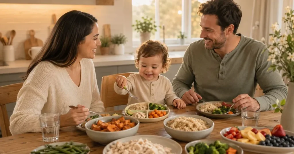 Family enjoying a healthy homemade dinner with toddler