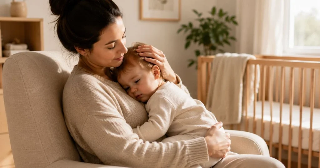 Baby Nap Schedule: A Complete Guide by Age 13 Parent comforting a baby who is resisting a nap