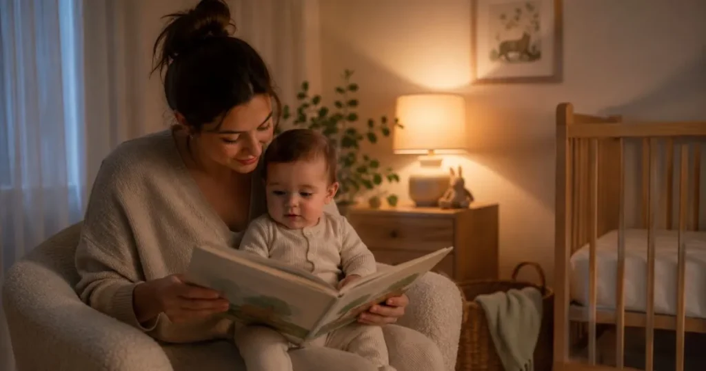 parent reading bedtime story to baby